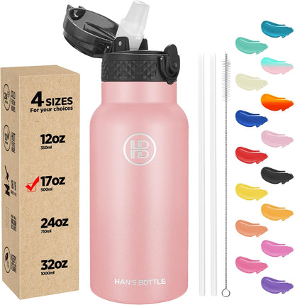Han's Bottle Sports Water Bottle - 24 Oz, Straw Lid, Leak Proof, Vacuum Insulated Stainless Steel, Double Walled, Thermo Mug,Black