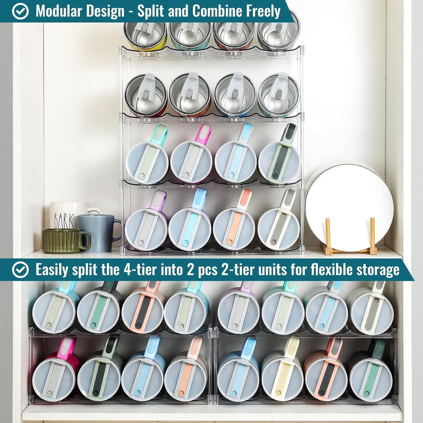 Design for Stanley 40 OZ & Large Bottles & Tumblers with Handle - Acrylic Water Bottle Organizer - Stackable Clear Wine Rack Cup Holder for Home Kitchen Pantry Shelf Countertop Cabinet, 4 Tier Hold 16