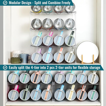 Design for Stanley 40 OZ & Large Bottles & Tumblers with Handle - Acrylic Water Bottle Organizer - Stackable Clear Wine Rack Cup Holder for Home Kitchen Pantry Shelf Countertop Cabinet, 4 Tier Hold 16