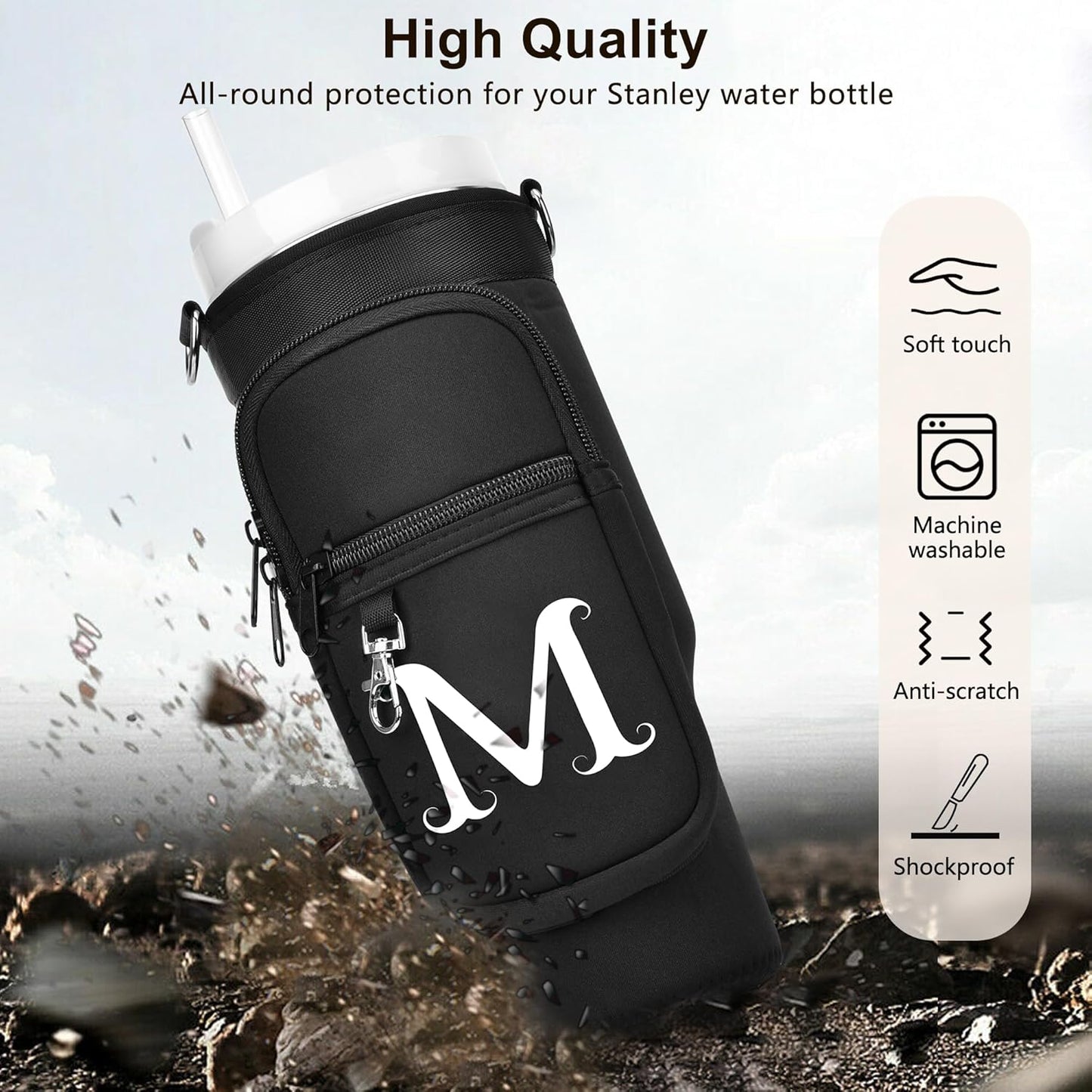 LOKASS Personalized Water Bottle Holder with Strap for Stanley Cup Accessories 40 oz, Initial for Stanley Cup Holder Carrier Bag with Phone Pocket, Stylish Tumbler Accessories for Daily Use Hands-Free