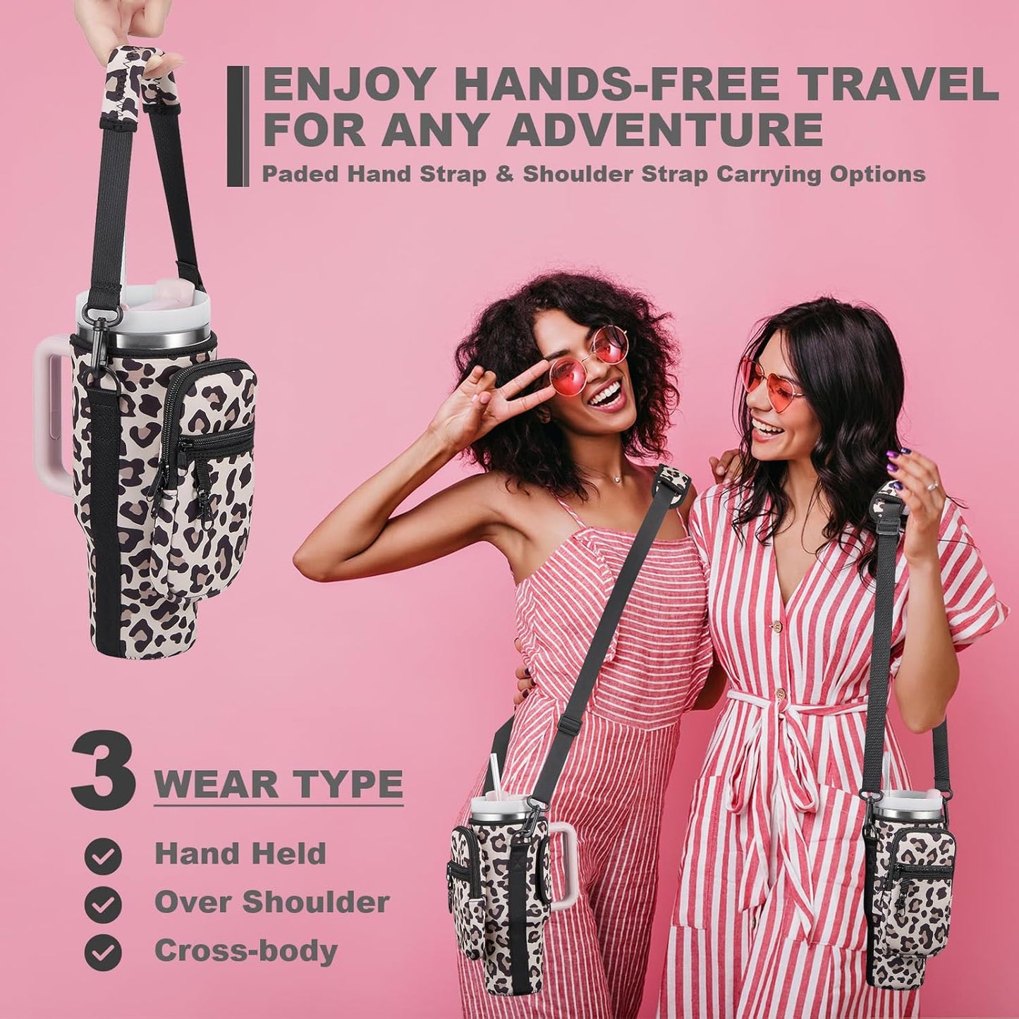 BULKITEM Water Bottle Carrier Bag with Phone Pocket for Stanley 40 & 30 oz Tumbler with Handle,Pink Insulated Neoprene Cup Holder Pouch w/Adjustable Strap for Quencher H2.0 Stanley Cup Accessories