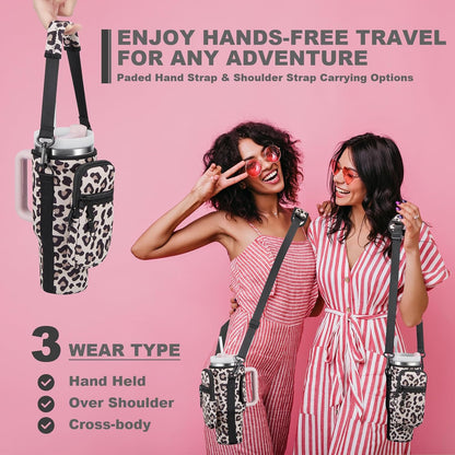BULKITEM Water Bottle Carrier Bag with Phone Pocket for Stanley 40 & 30 oz Tumbler with Handle,Pink Insulated Neoprene Cup Holder Pouch w/Adjustable Strap for Quencher H2.0 Stanley Cup Accessories