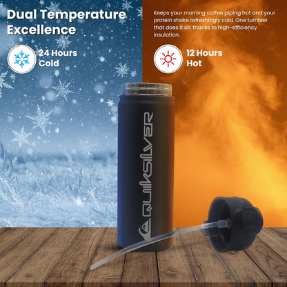 Quiksilver Laguna 32oz Tripple Wall Stainless Steel Water Bottle, Reusuable Sports Bottle with Leak-Proof Straw and Spout Lid, Non-Slip Rubber Base, Carrier Handle, 24H Hot & Cold Insulated Tumbler