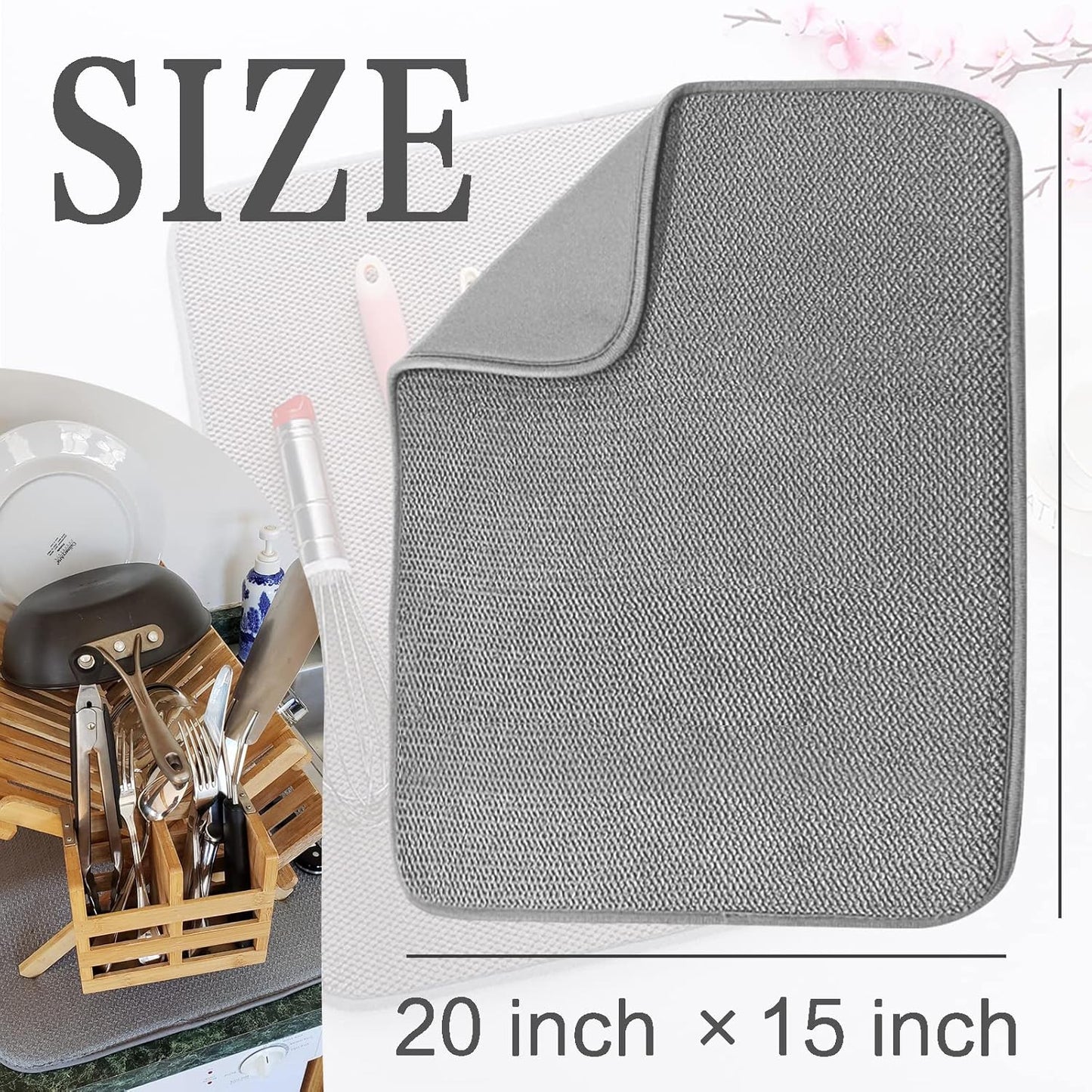 2 Pack Microfiber Dish Drying Mat,24*17 inch Absorbent Dish Drainer Kitchen Counter,Large Size Dish Drying Pad for Countertops,Sinks,Draining Racks(Gray)