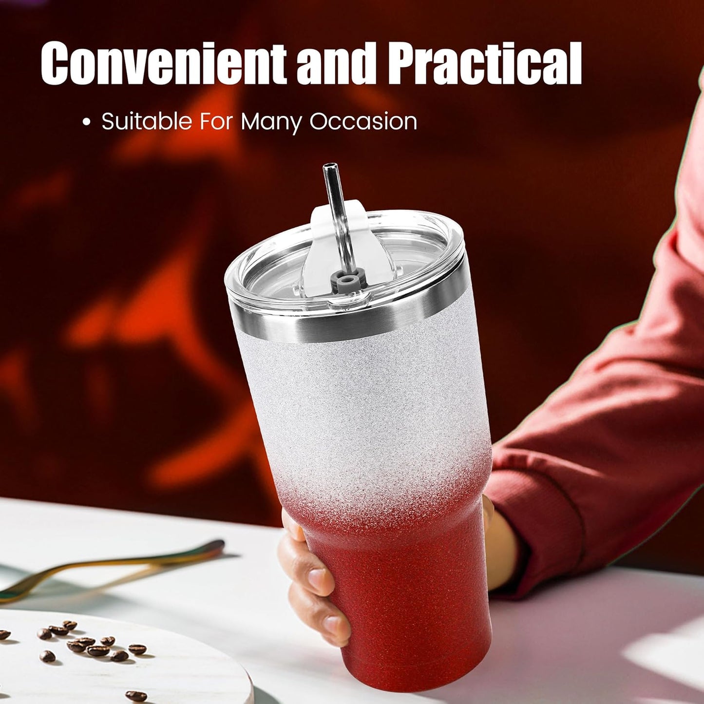 D·S 30oz Blue Tumbler Stainless Steel Double Wall Vacuum Insulated Mug with Straw and Lid, Cleaning Brush for Cold and Hot Beverages