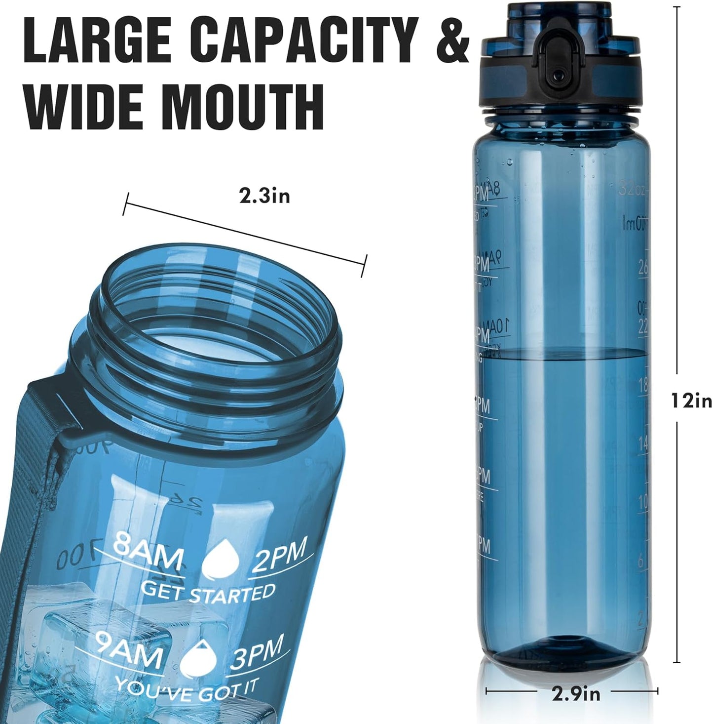 OLDLEY Water Bottle, 32oz Motivational Sports Water Bottle with Time Marker - Times to Drink - Tritan, BPA Free, Wide Mouth Leakproof, Clear (1 Bottle)
