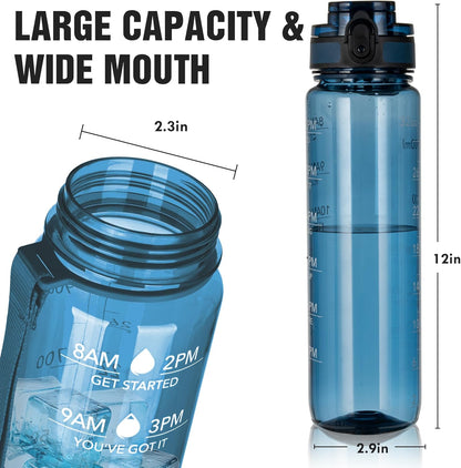 OLDLEY Water Bottle, 32oz Motivational Sports Water Bottle with Time Marker - Times to Drink - Tritan, BPA Free, Wide Mouth Leakproof, Clear (1 Bottle)