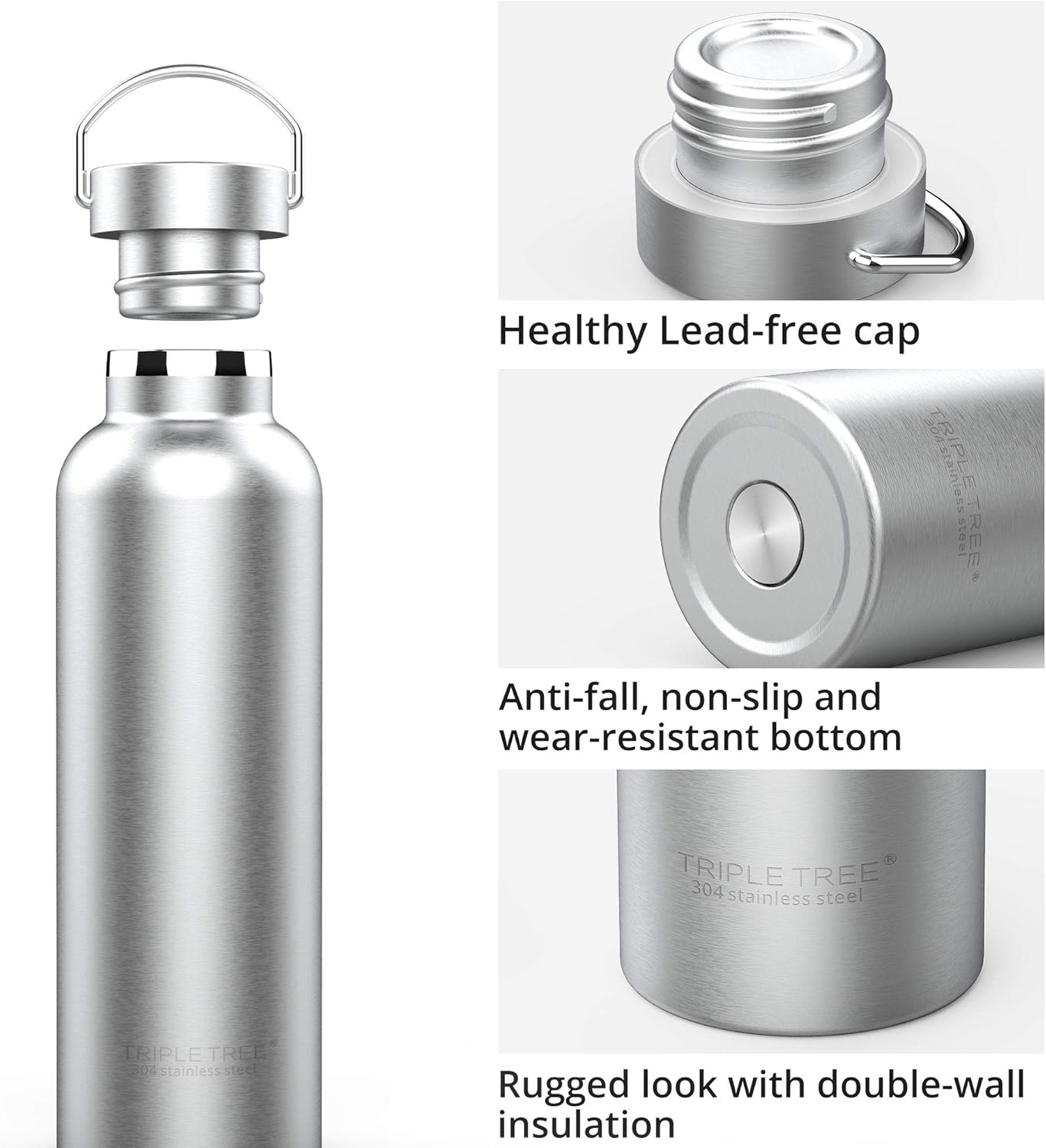 TRIPLE TREE 34 OZ Uninsulated Single Walled Stainless Steel Sports Water Bottle 18/8 Food Grade for Cyclists, Runners, Hikers, Beach Goers, Picnics, Camping - BPA Free
