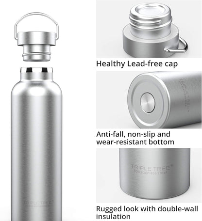 TRIPLE TREE 34 OZ Uninsulated Single Walled Stainless Steel Sports Water Bottle 18/8 Food Grade for Cyclists, Runners, Hikers, Beach Goers, Picnics, Camping - BPA Free