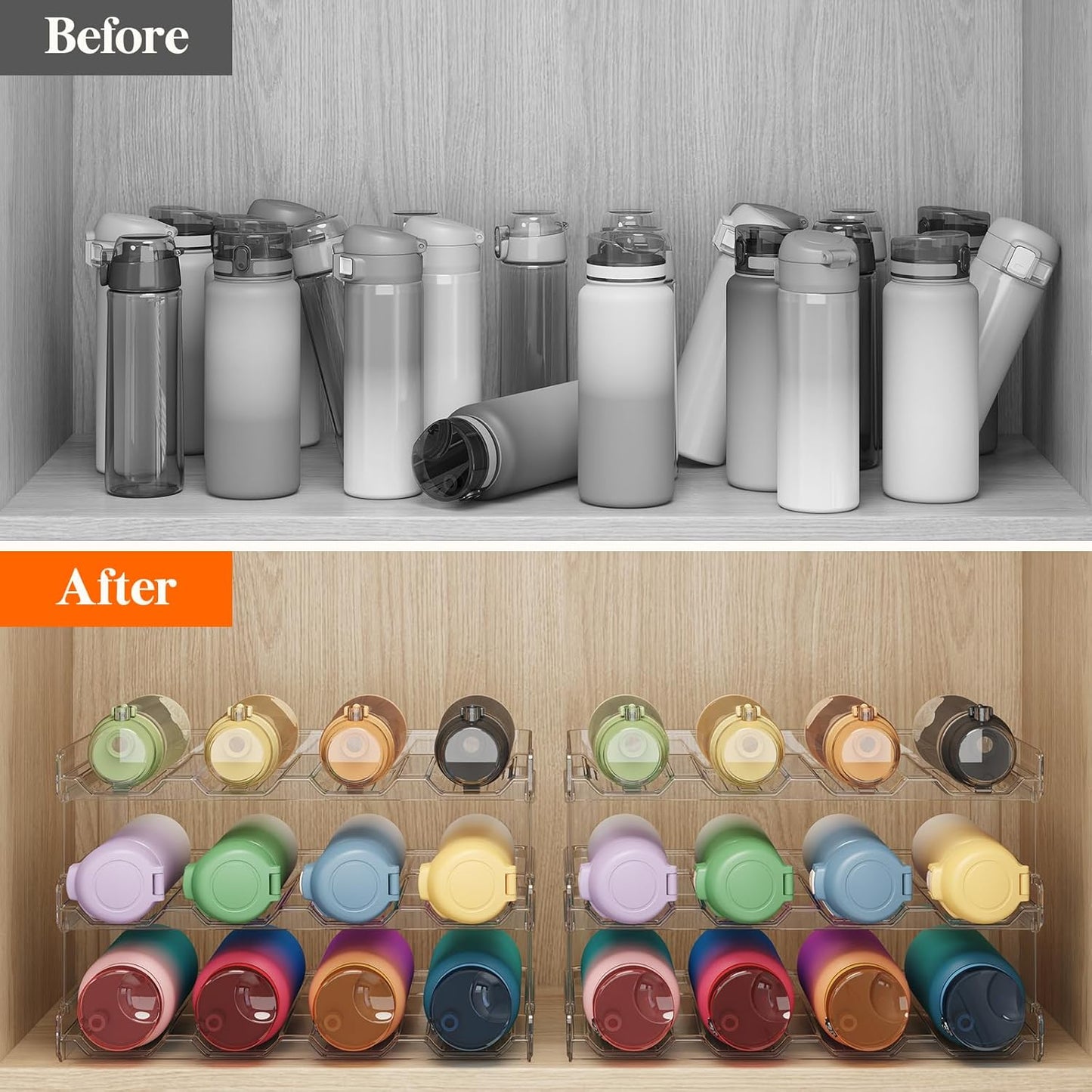 Lifewit 2 Tier Stackable Water Bottle Organizer for Cabinet, Plastic Bottle Holder Fits 6 Bottles/Tumblers up to 3.8" Diameter for Pantry/Countertop/Cupboard, 28 x 19 x 15 cm/11 x 7.5 x 5.7"