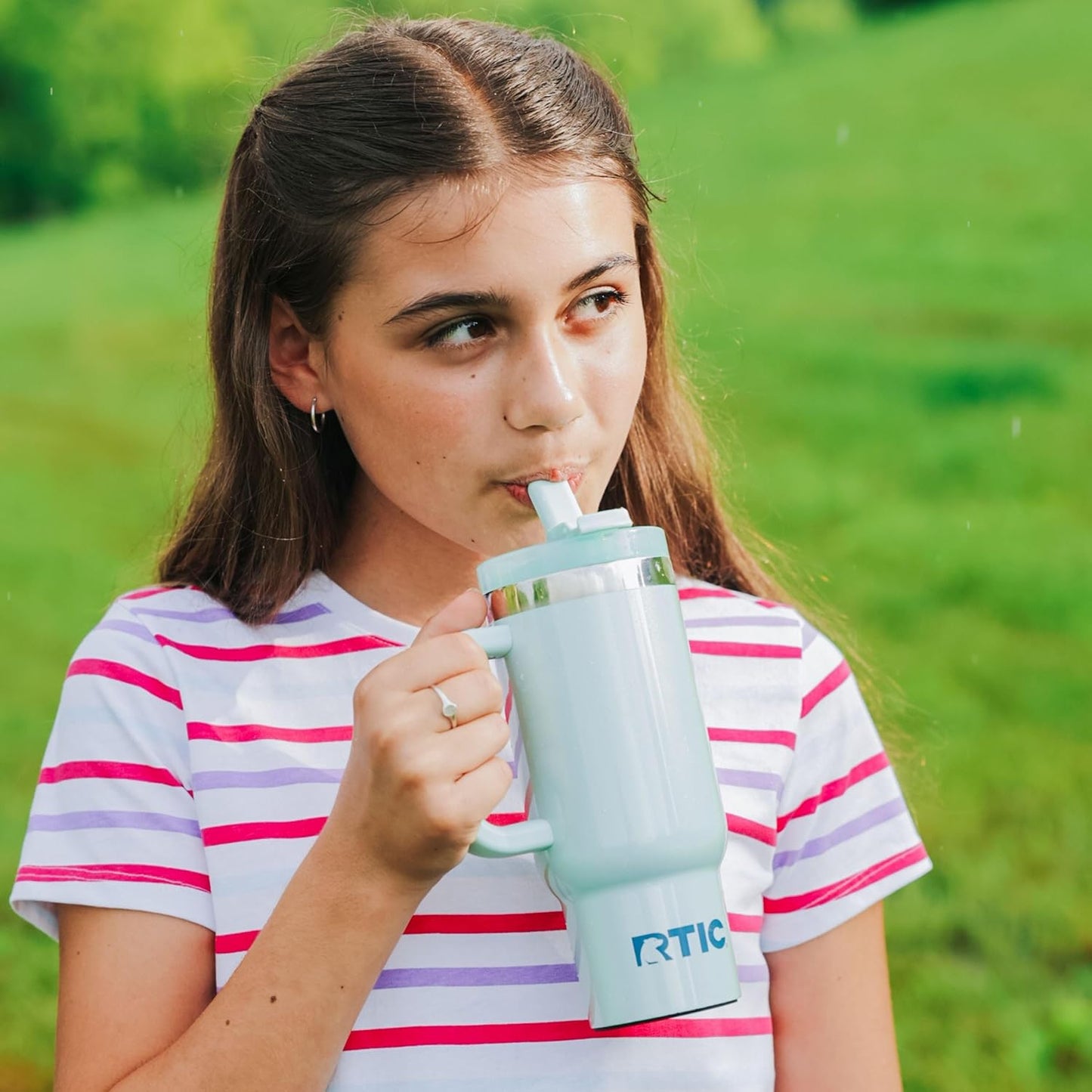 RTIC Little Road Trip Tumbler 16oz for Kids with Straw Lid and Handle, Ceramic Lined, Insulated Stainless Steel Travel Water Mug Cup, Leak-Proof, RTIC Ice Glitter