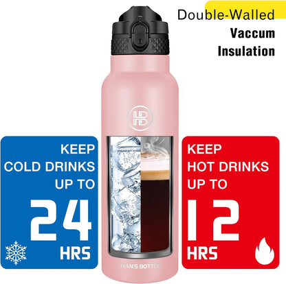 Han's Bottle Sports Water Bottle - 24 Oz, Straw Lid, Leak Proof, Vacuum Insulated Stainless Steel, Double Walled, Thermo Mug,Black