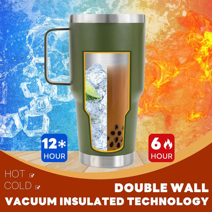30 oz Tumbler With Handle, Double Wall Stainless Steel Vacuum Insulated Travel Mug with Splash-Proof Lid Metal Straw and Brush (Cream)