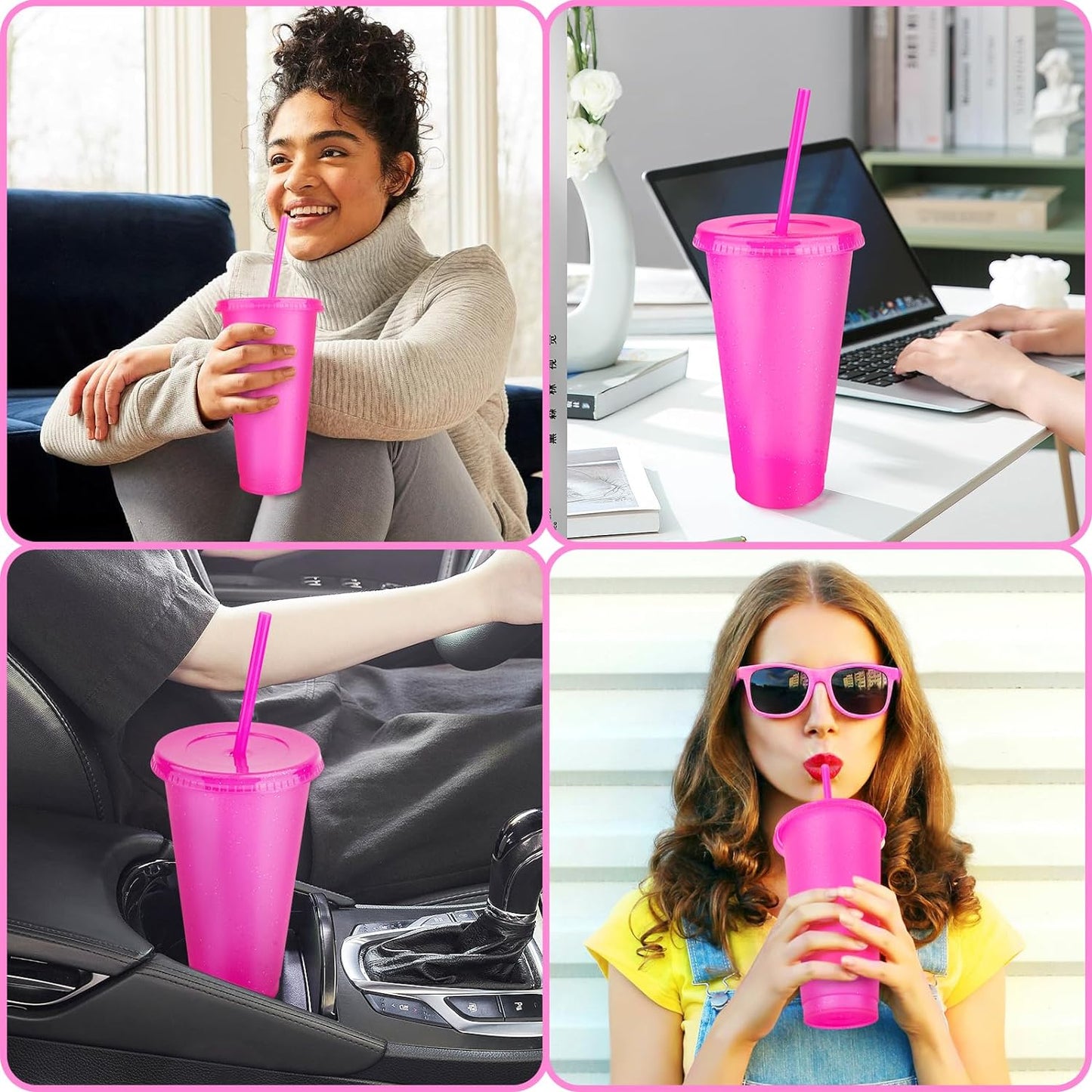 Hxezoc 16-Piece Reusable Cups with Lids and Straws, 24 oz Glitter Plastic Tumbler Iced Coffee Cups Travel Mug Cup for Smoothie Juices Beach or Bachelor Party (Black)