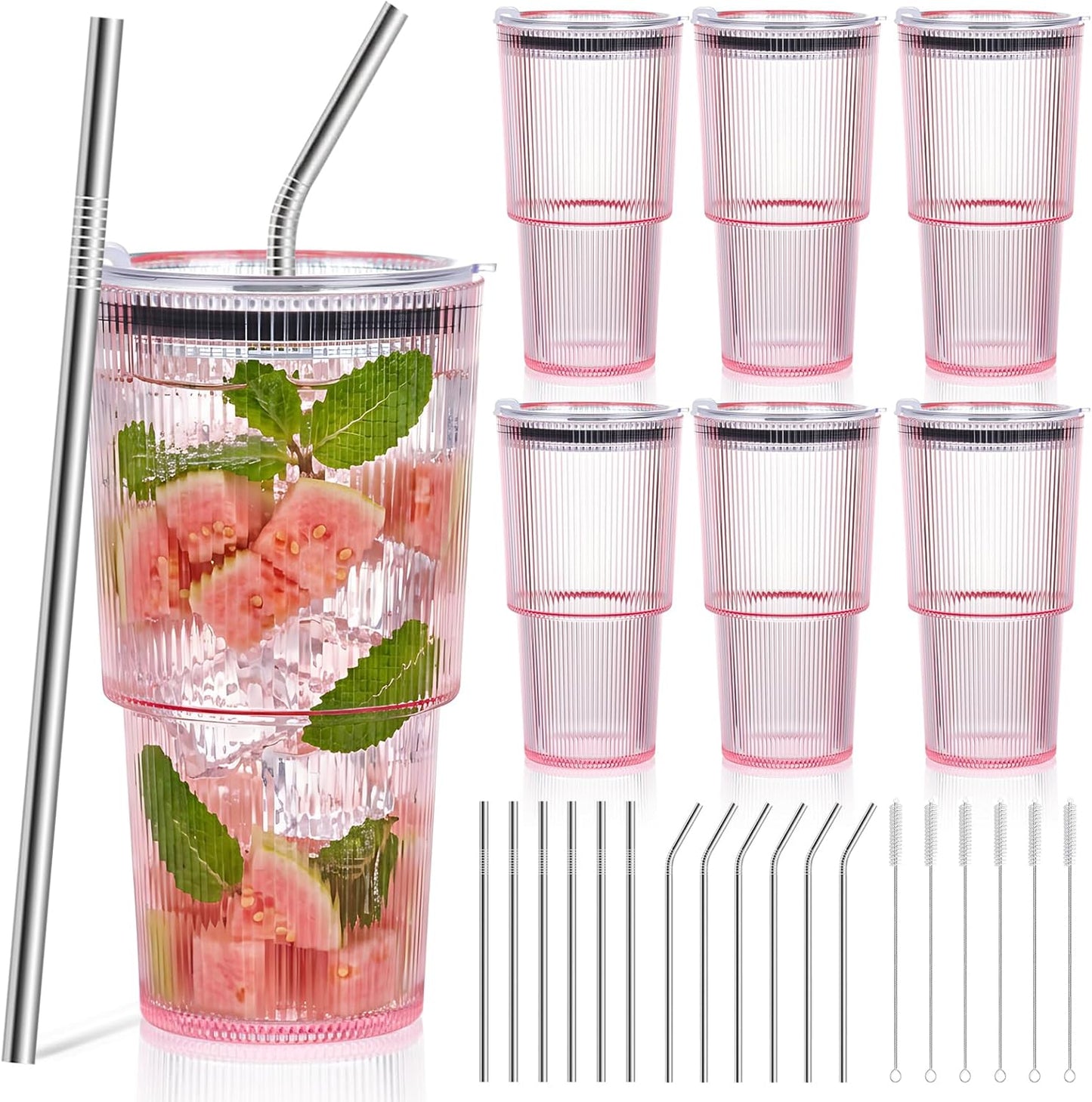 4 Pcs 20oz Plastic Ribbed Tumblers with Lid and Straws Blue Plastic Reusable Iced Coffee Cups with Lid Unbreakable Vintage Ribbed Drinking Glasses Tumbler for Juice Smoothie Beverage with Clean Brush