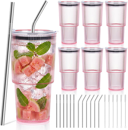 4 Pcs 20oz Plastic Ribbed Tumblers with Lid and Straws Blue Plastic Reusable Iced Coffee Cups with Lid Unbreakable Vintage Ribbed Drinking Glasses Tumbler for Juice Smoothie Beverage with Clean Brush