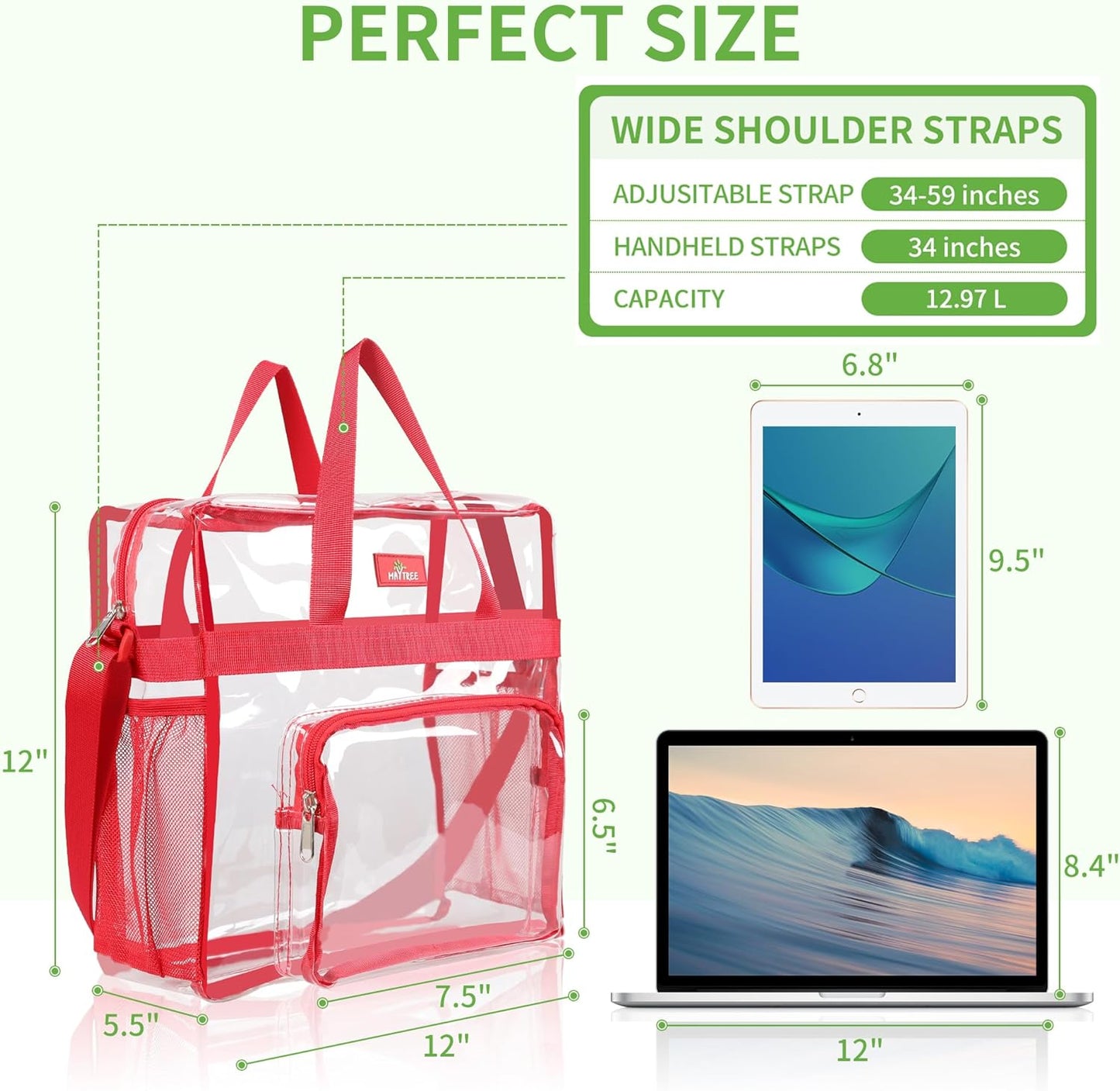 MAY TREE Clear Bag for Stadium Events, 12×5.5×12 Clear Tote Lunch Bag with Non-detachable Reinforced Straps for Work, Sporting Events and Gym, Black