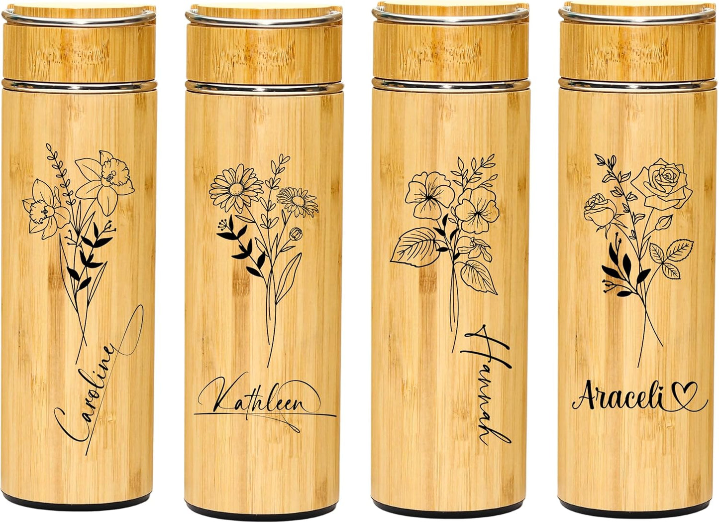 Bamboo Water Bottle Insulated Tea Tumbler for Men Birthday Gift, Women Travel Tea Set with Diffuser for Loose Tea Leaves, Stainless Steel Leak Proof Gift for Mom (15 oz)