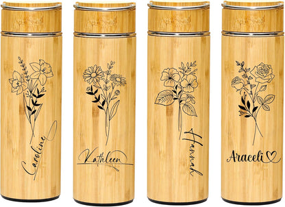 Bamboo Water Bottle Insulated Tea Tumbler for Men Birthday Gift, Women Travel Tea Set with Diffuser for Loose Tea Leaves, Stainless Steel Leak Proof Gift for Mom (15 oz)