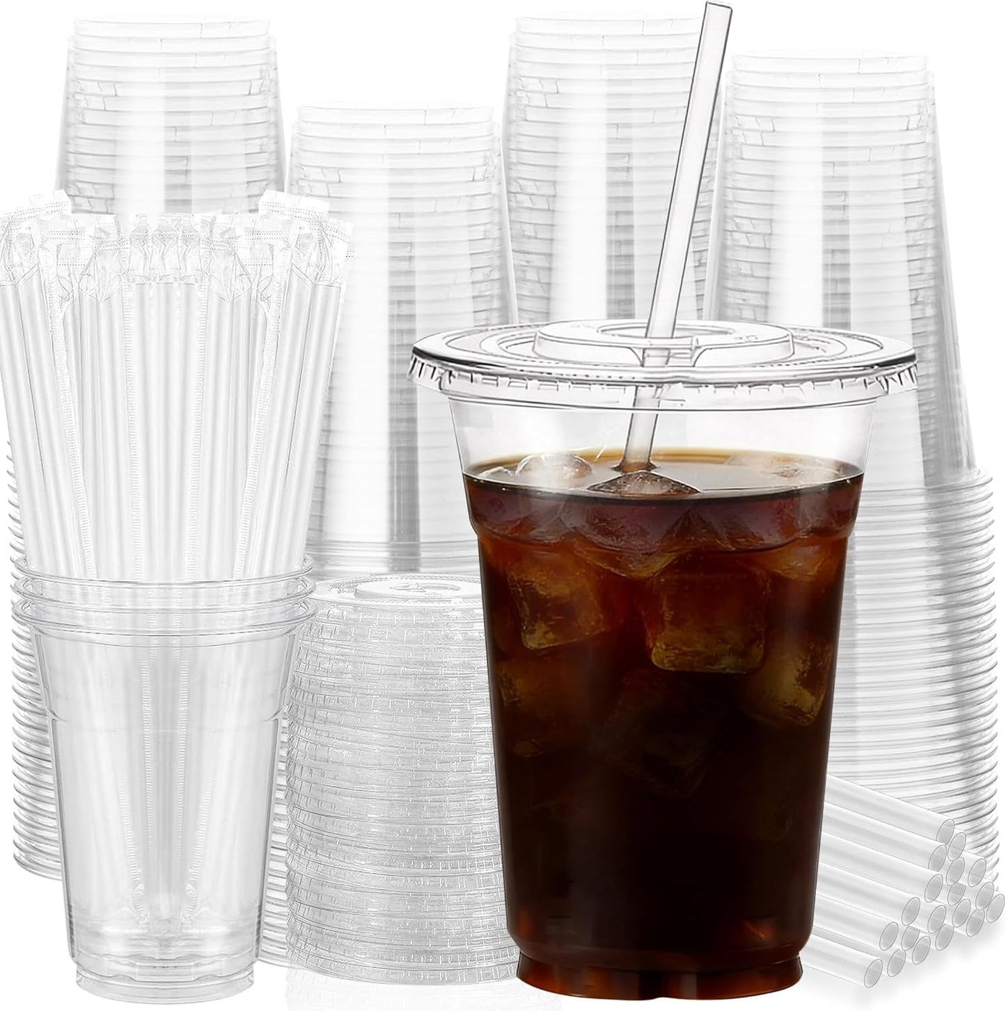 25 Pack 16 oz Clear Plastic Cups with Lids and Straws, Leak-Proof Disposable Iced Coffee Cups, BPA-Free PET Cold Drink Tumblers for Smoothie, Tea and Juice, Crystal Clear To Go Cups