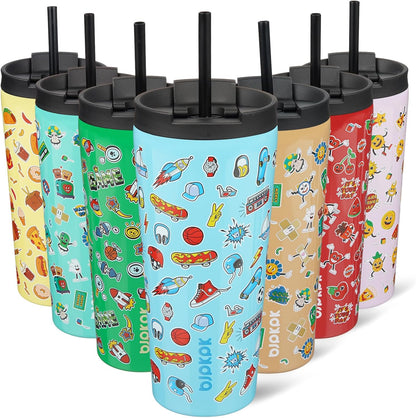 BJPKPK 22oz Insulated Tumbler With lid And Straw Stainless Steel Tumblers Travel Coffee Mug Reusable Thermal Cup,Sky