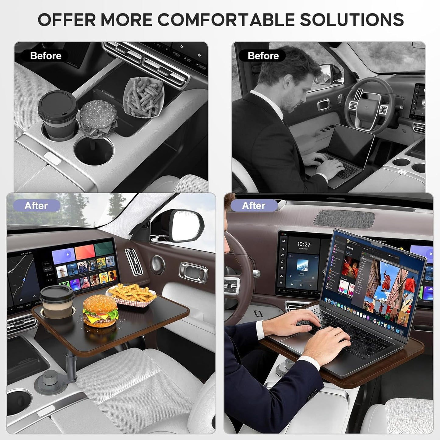 Car Desk Car Tray for Laptop & Food, Wooden Cup Holder Table with Adjustable Height, Car Accessories for Women & Men 360° Rotatable Steering Wheel Tray for Tesla Model Y/3/S, Ford F150 & Most Vehicles