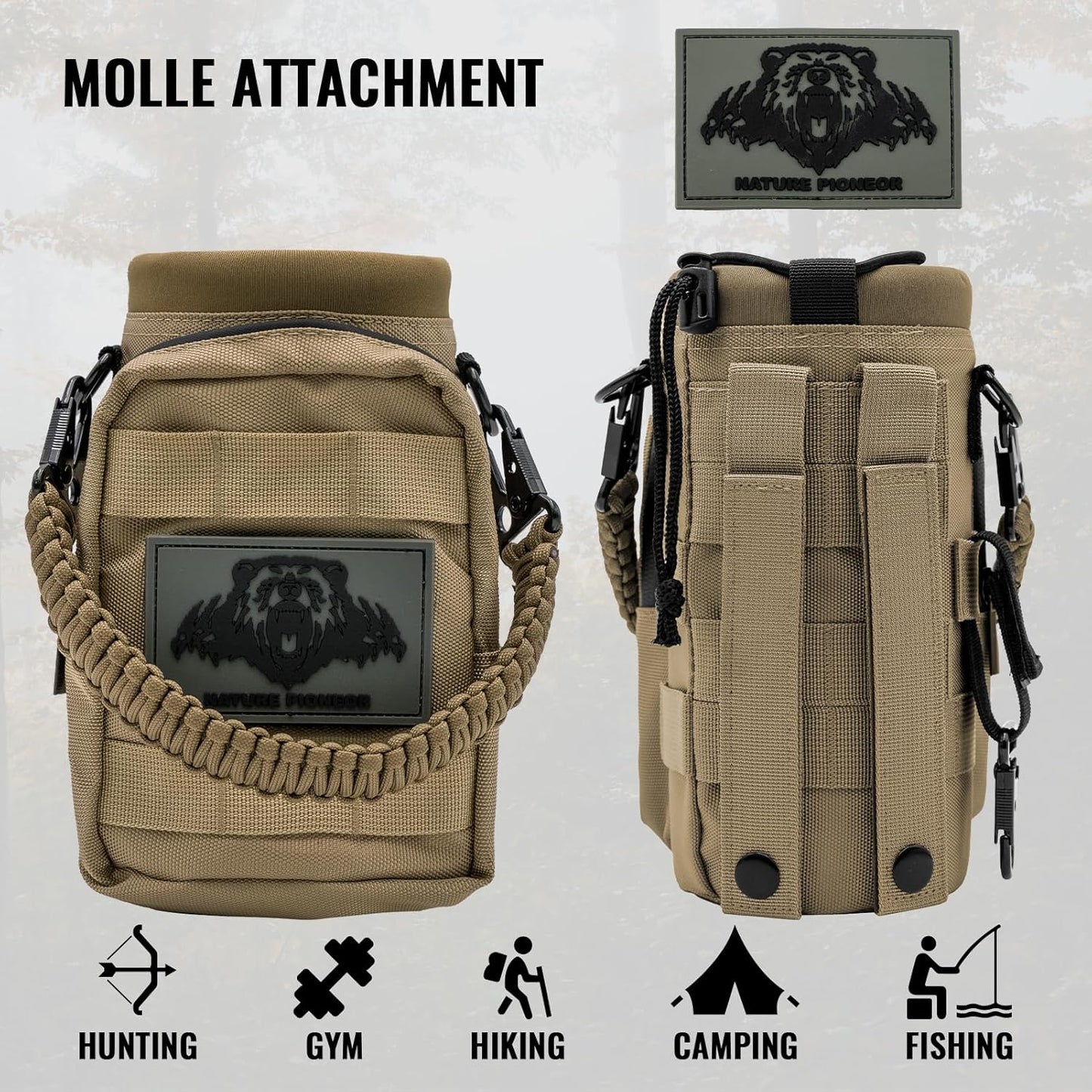 NATURE PIONEOR 32 64 128oz Tactical Water Bottle Pouch, Multi-Function Tactical Water Bottle Bag with Adjustable Shoulder Strap, Half/One Gallon Molle Strap Carrier Holder