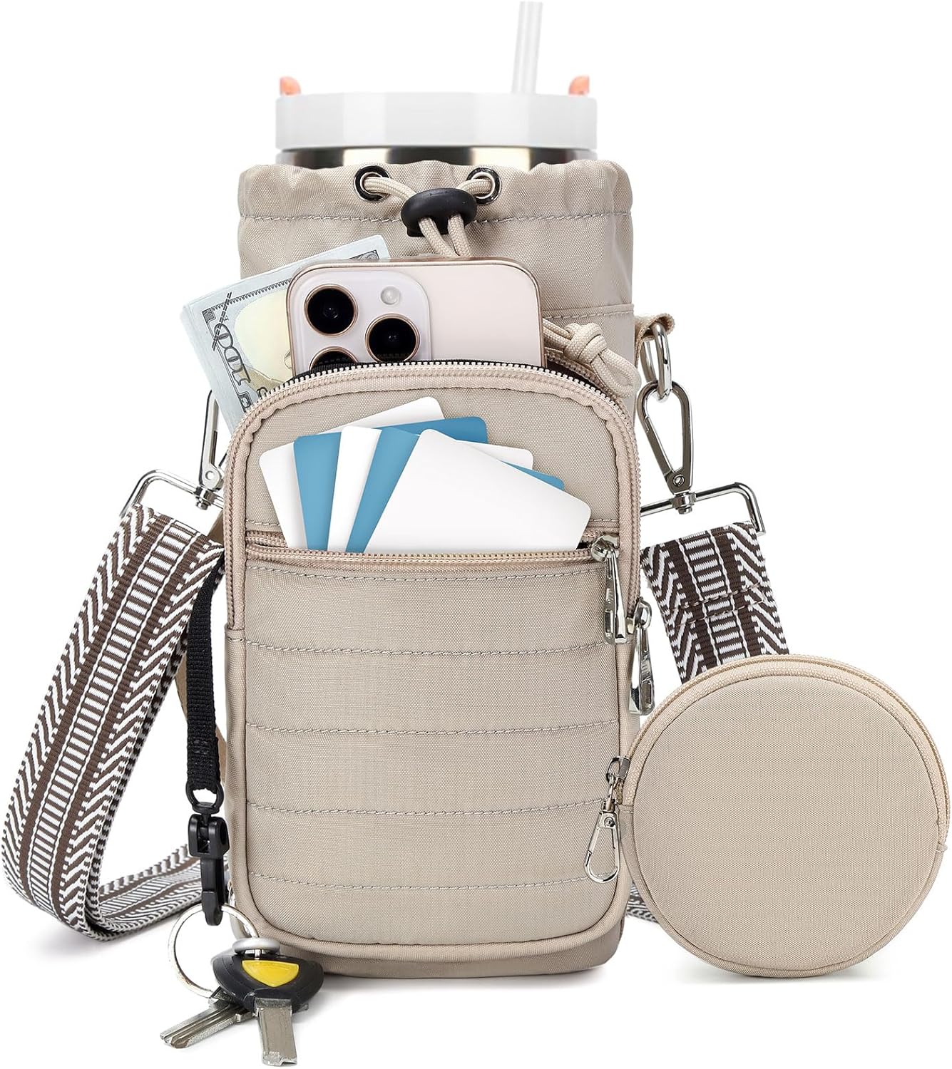 Water Bottle Carrier Bag with Strap, Sling Bag for Walking, Hiking, Cycling, Black, 40 Ounces
