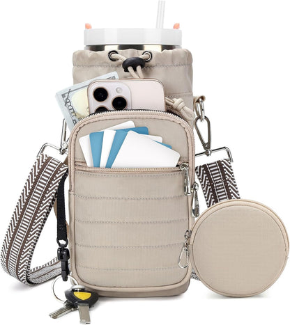 Water Bottle Carrier Bag with Strap, Sling Bag for Walking, Hiking, Cycling, Black, 40 Ounces
