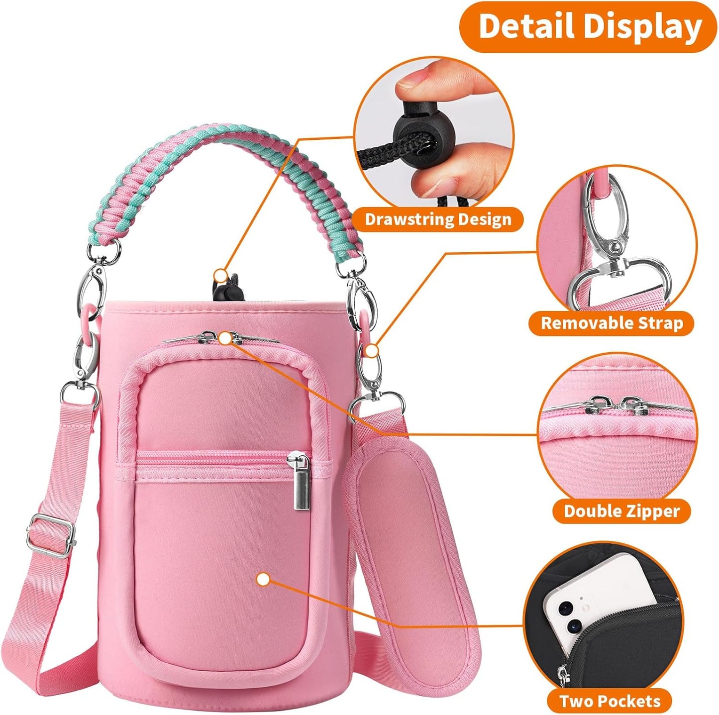 AceTreker 32/40/64/128 oz Neoprene Insulated Water Bottle Carrier Bag, Sling Bag Sleeve Pouch Holder with Strap & Paracord Handle and 2 Pocket for Travelling, Hiking, Camping