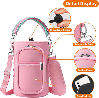 AceTreker 32/40/64/128 oz Neoprene Insulated Water Bottle Carrier Bag, Sling Bag Sleeve Pouch Holder with Strap & Paracord Handle and 2 Pocket for Travelling, Hiking, Camping