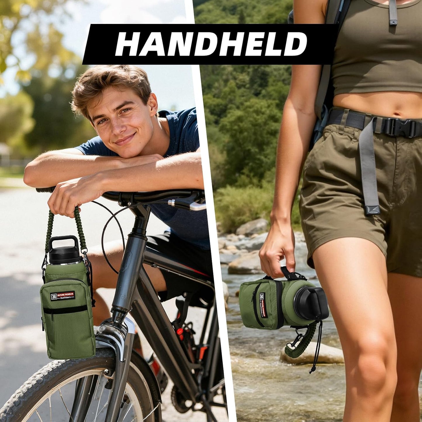 NATURE PIONEOR Water Bottle Holder with Adjustable Strap - 26/32/36/40/46/64oz Insulated Water Bottle Sling Carrier with Paracord Handle & 2 Pockets, Outdoor Sports, Hiking, Camping, Gym