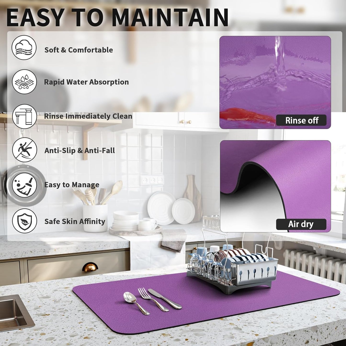 HotLive Dish Drying Mat for Kitchen Counter, Heat Resistant Drainer Mats with Non-slip Rubber Backed, Hide Stain Kitchen Super Absorbent Draining Mat, Easy to Clean Dish Rack Pad, Dark Grey 16"x18"