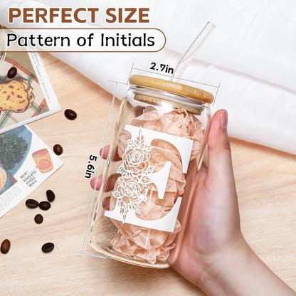 Glass Cups with Lids and Straws: Personalized Initial Glass Cup Be Used As Reusable Iced Coffee Cups with Lids,Cute Matcha Tumbler - The Christmas/Birthday Gifts for Women - M Smoothie Cup