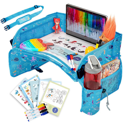 PILLANI Kids Travel Tray for Car - Car Seat Tray with Activity Sheets & Pens, Road Trip Essentials for Car & Airplane, Must Have Toddler Travel Lap Desk Accessories - Road Trip Activities for Kids
