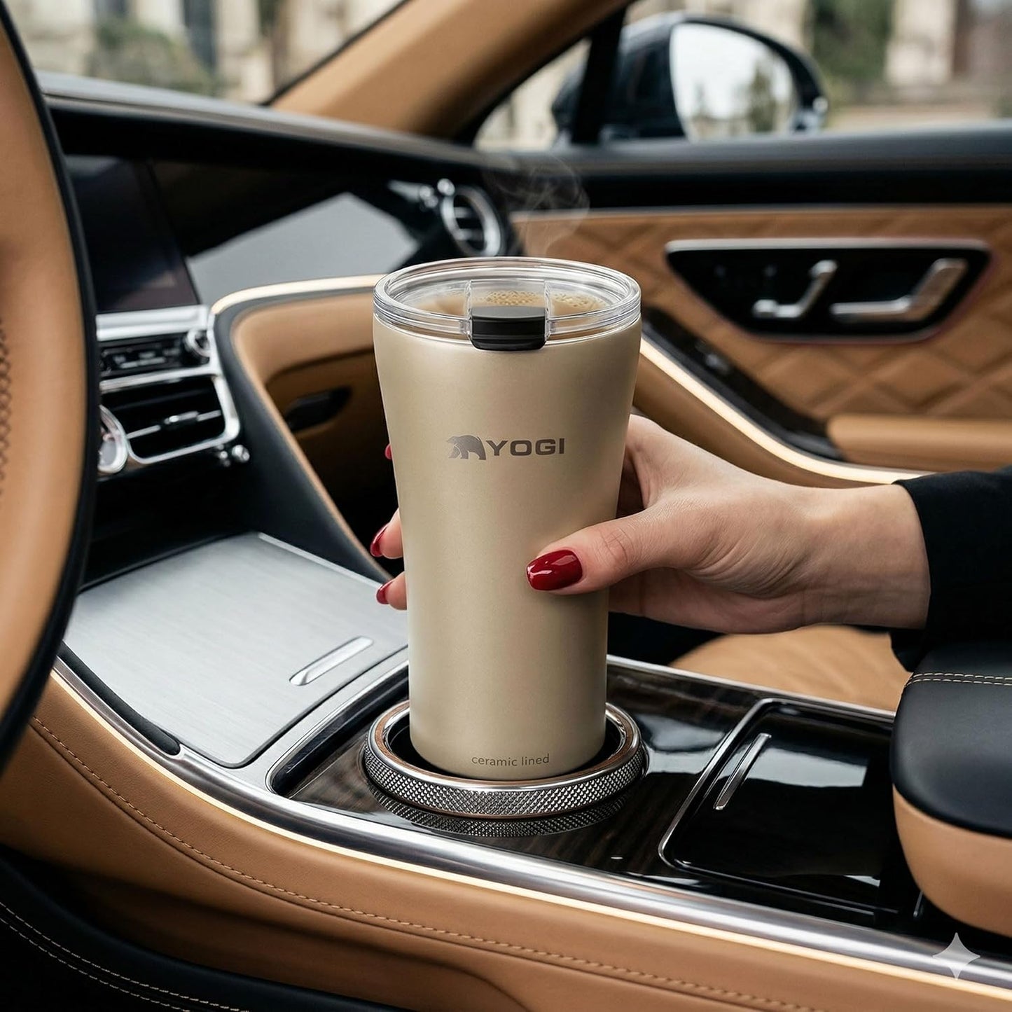 YOGI Ceramic Lined Metal Allergy Safe 16oz Coffee Tumbler with Leakproof Lid BPA Free Vacuum Insulated Stainless Steel Cupholder Friendly Travel Cup for Coffee and Water Sandstone