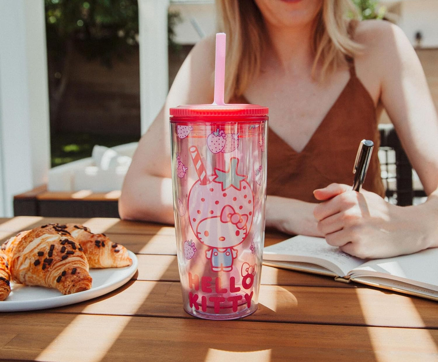 Silver Buffalo Sanrio Hello Kitty Milk Carton Pattern Plastic Boba Tumbler w Lid and Wide Straw, 24 Ounces