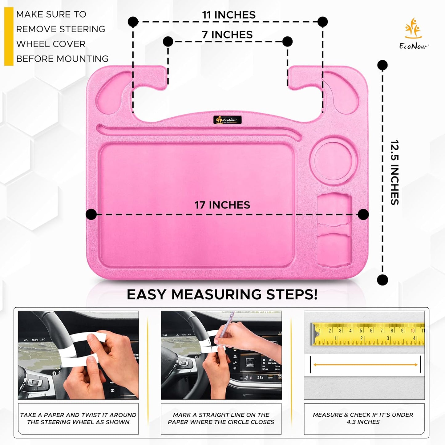 EcoNour 2 in 1 Car Steering Wheel Desk | Tray for Laptop Car Mount with Pen Holder | Desk Console for Car | Food Tray for Eating with Drinks Holder | Multipurpose Travel Car Accessories