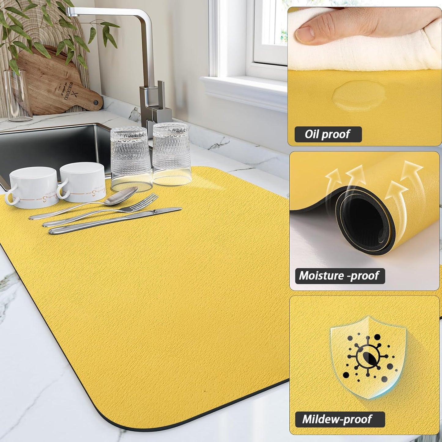 HotLive Dish Drying Mat for Kitchen Counter, Heat Resistant Drainer Mats with Non-slip Rubber Backed, Hide Stain Kitchen Super Absorbent Draining Mat, Easy to Clean Dish Rack Pad, Dark Grey 16"x18"