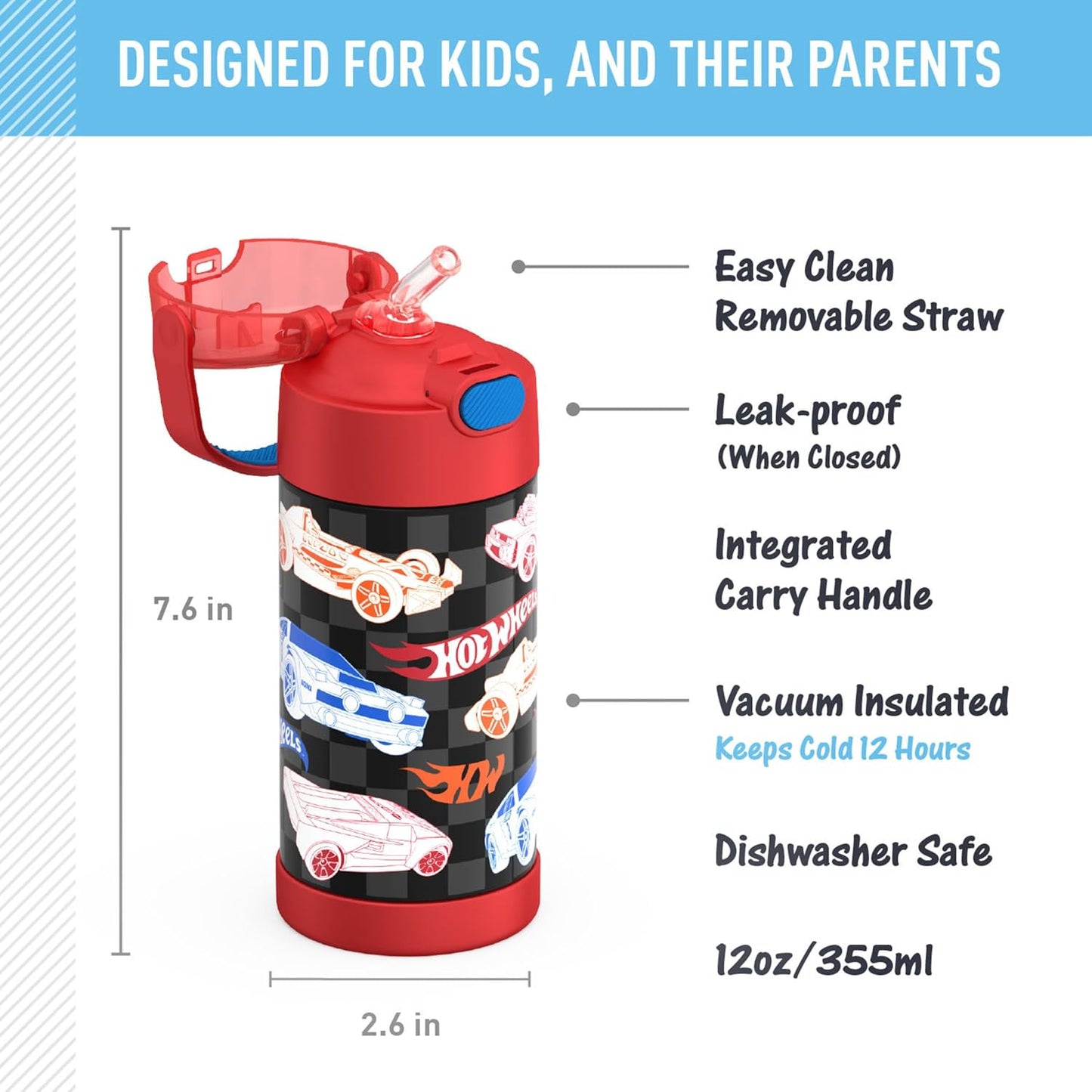 THERMOS FUNTAINER Water Bottle with Straw - 12 Ounce - Kids Stainless Steel Vacuum Insulated Water Bottle with Lid, Bluey - Colors B