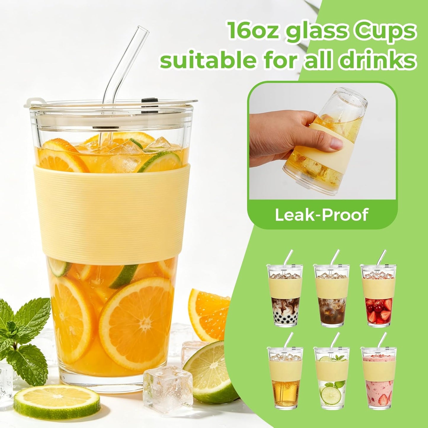 2Pack 40OZ Glass Tumbler with Handle,Glass Cup with Lid and Straw,Reusable Glass Iced Coffee Cup for Beer, Smoothies, Juice,Hot/Cold Drinks-Suitable for Birthday,Wedding