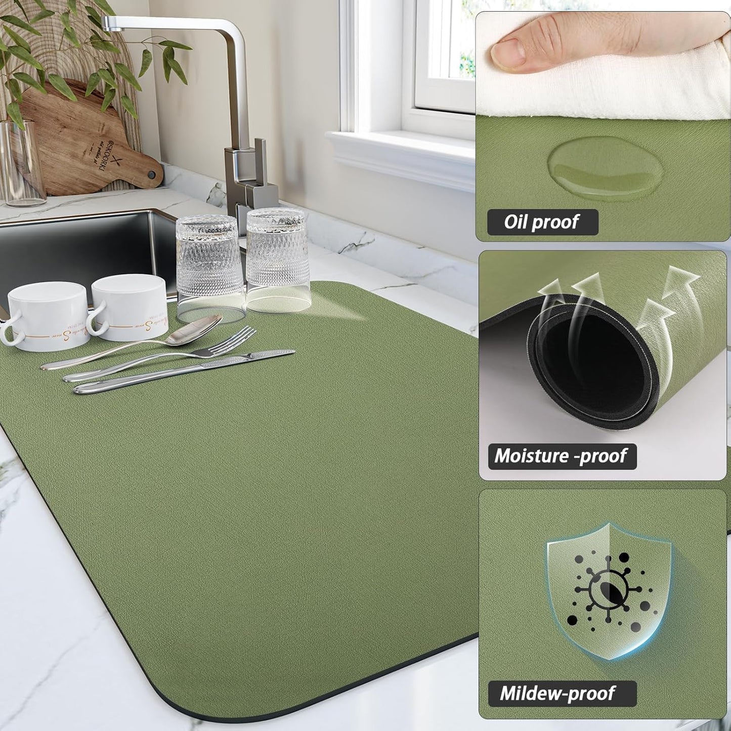 HotLive Dish Drying Mat for Kitchen Counter, Heat Resistant Drainer Mats with Non-slip Rubber Backed, Hide Stain Kitchen Super Absorbent Draining Mat, Easy to Clean Dish Rack Pad, Dark Grey 16"x18"