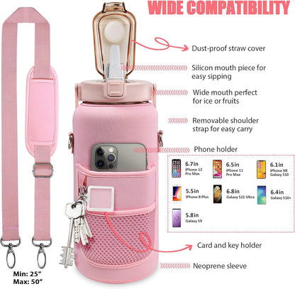 Half Gallon Water Bottle with Sleeve, 64OZ Motivational Water Bottle with Straw & Time Marker, BPA Free Leakproof Gym for Sport Workout