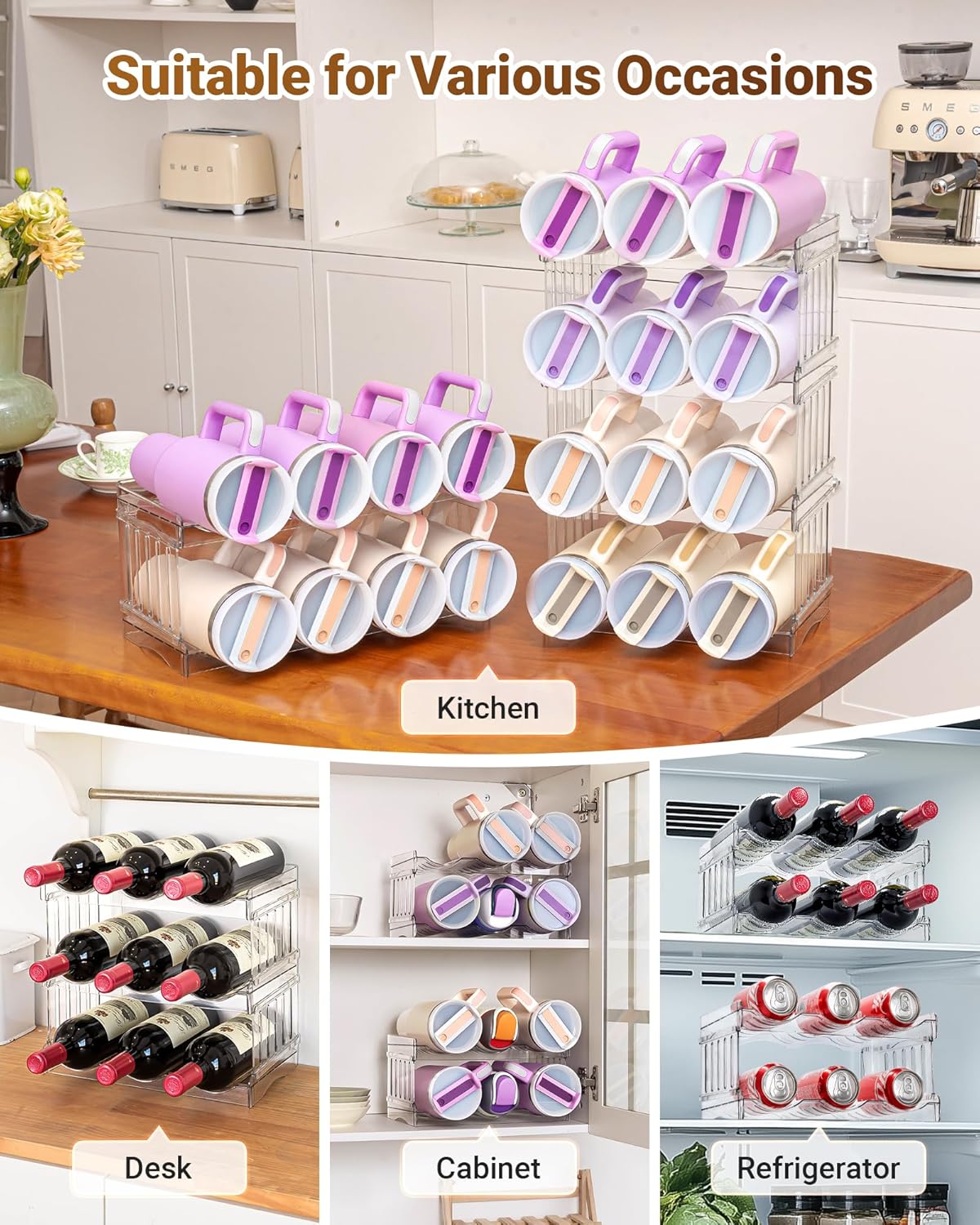 Gracenal Large Tumbler Organizer for Stanley Cup 40 oz, Patented Kitchen Pantry Organizers and Storage for Stanley Cup Accessories, Stackable Water Bottle Organizer Holder Gifts 4Pack Large-12-bottle