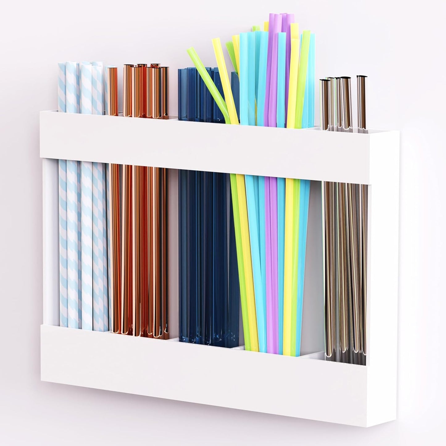 Upgraded 9.5'' Large Acrylic Straw Holder for Cabinet Door, Adjustable Space-Saving Straw Organizer Storage Dispenser for Cabinet with Ultra Sticky Adhesive Strips, 2-Part Rack, Drainage Holes