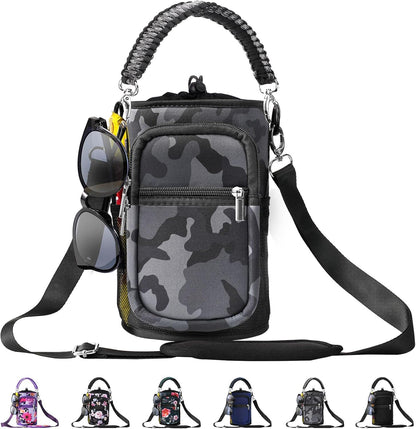 AceTreker 32/40/64/87/128 oz Water Bottle Carrier Bag, Neoprene Water Bottle Sleeve with 4 Pocket, Sport Water Holder with Paracord Handle and Shoulder Strap for Walking Hiking Camping Gym