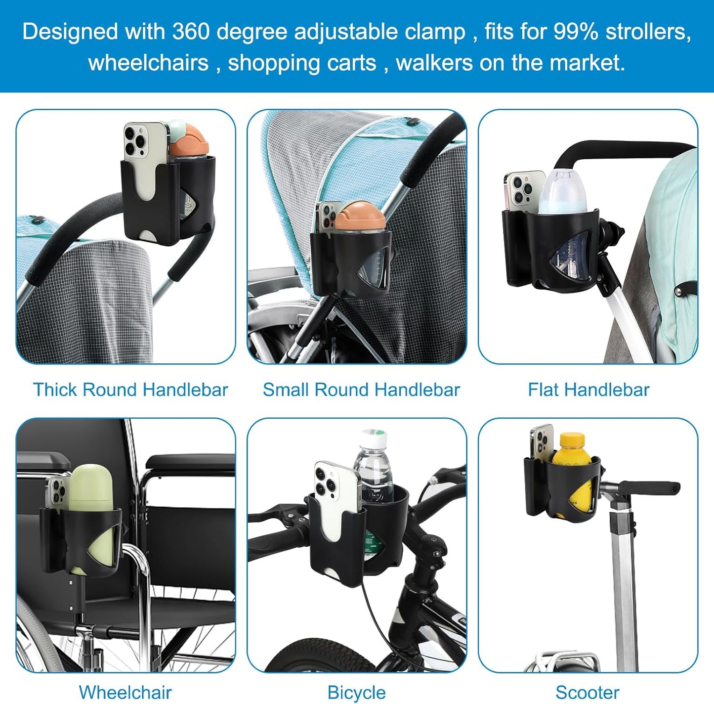 Accmor Stroller Cup Holder, Universal Cup Holder for Walker Wheelchair Bike, 360° Rotatable Stroller Cup Holder Attachment Accessories for Walker, Wheelchair, Scooter