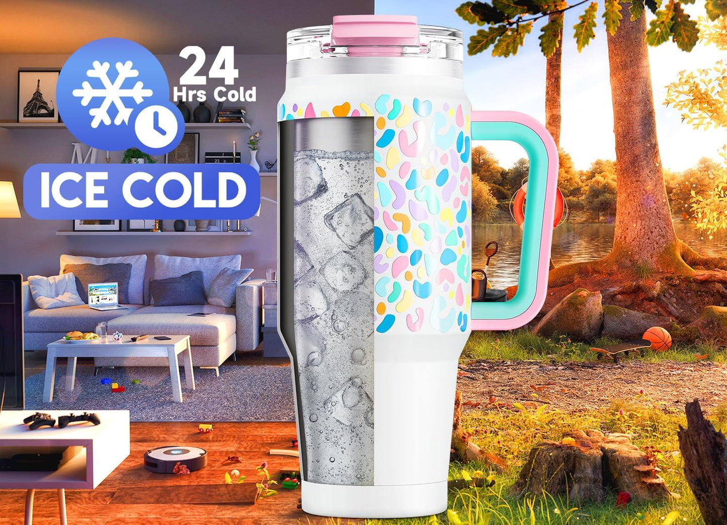 Meoky 32 oz Tumbler with Handle, Insulated Tumbler with Lid and Straw, Stainless Steel Travel Mug, Keeps Cold for 24 Hours, 100% Leak Proof, Fits in Car Cup Holder (Night)