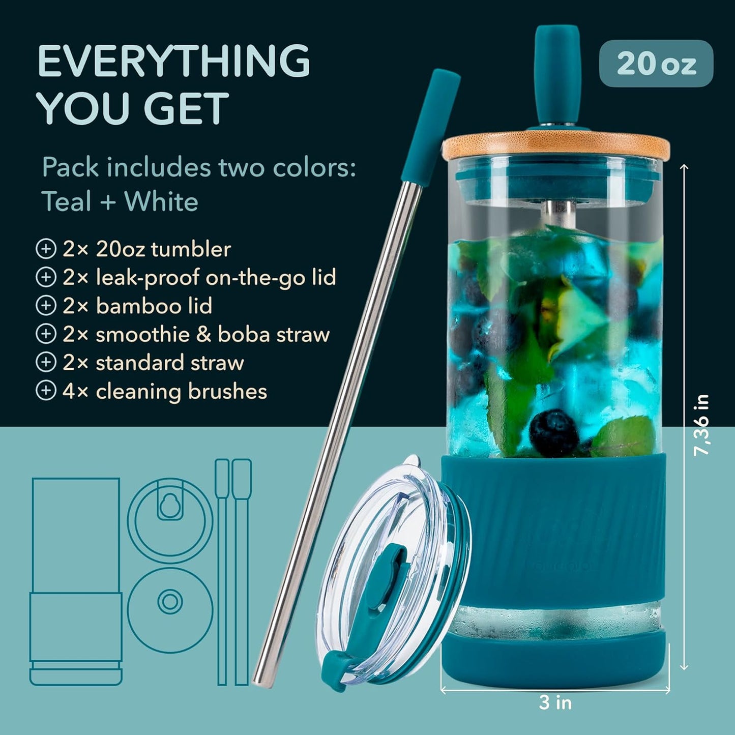 Pandaloo® Glass Cups With Lids and Straws -20 Fl Oz- Perfect Size Iced Coffee Cup - Smoothie Cup With Bamboo Lid and On the go Lid - Glass Tumbler With Straw (1 Count (Pack of 1), Lilac Rhapsody)