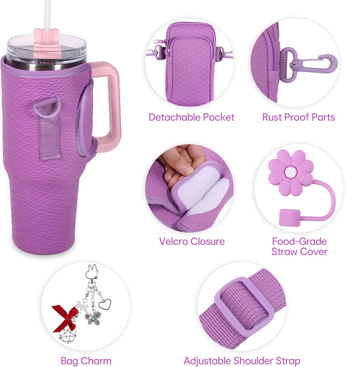 &And Per Se Water Bottle Shoulder Bag with Phone Pocket, Compatible with Stanley 30oz Tumblers - Neoprene Carrier with Adjustable Strap & Charm Accessory (Black)